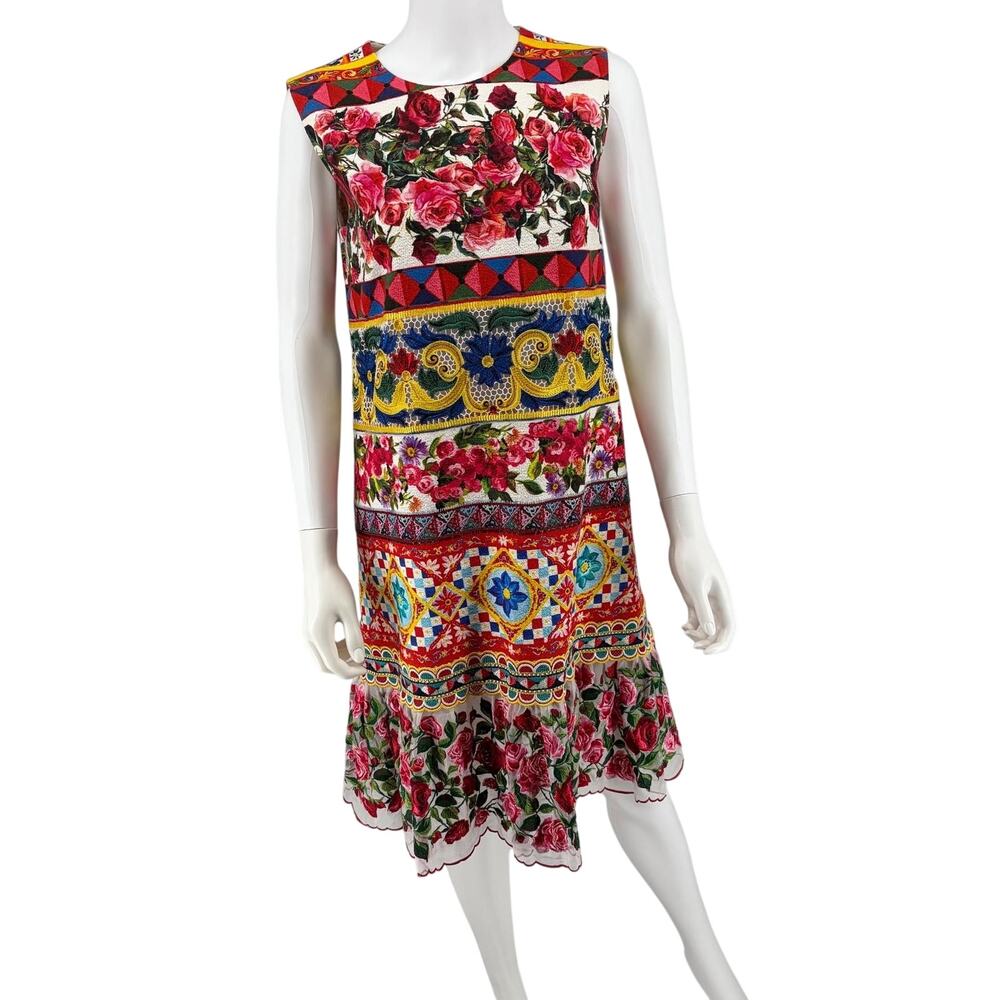 Dolce & Gabbana Carretto Rose Print Guipure Lace Shift Dress - Excellent IT 46